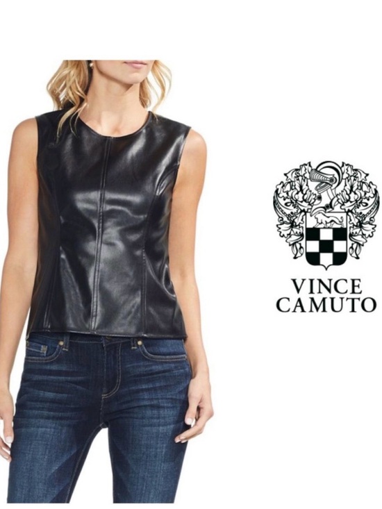 Vince Camuto Tops - Vince Camuto Black Faux Leather Panel Sleeveless Tank